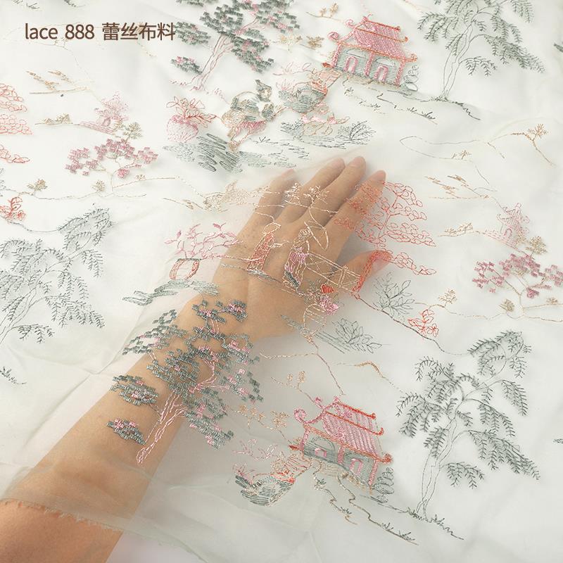 新款复古中式绣花面料亭台阁楼花纹裙子旗袍衣服布料网纱1.3米宽