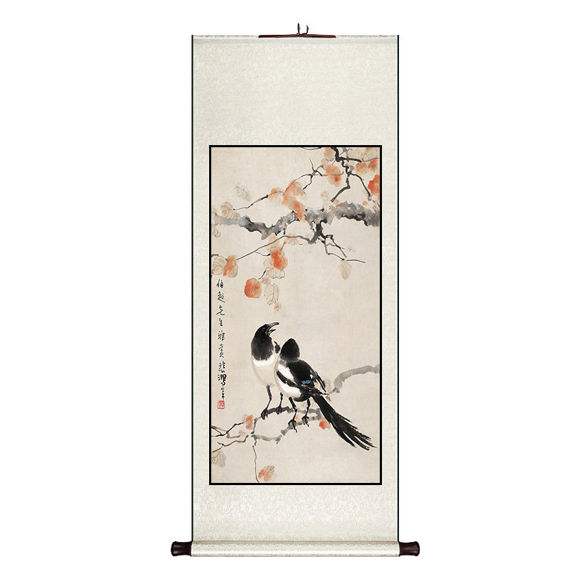 徐悲鸿喜鹊花鸟画新中式卷轴挂画竖版玄关过道装饰画餐厅书房壁画