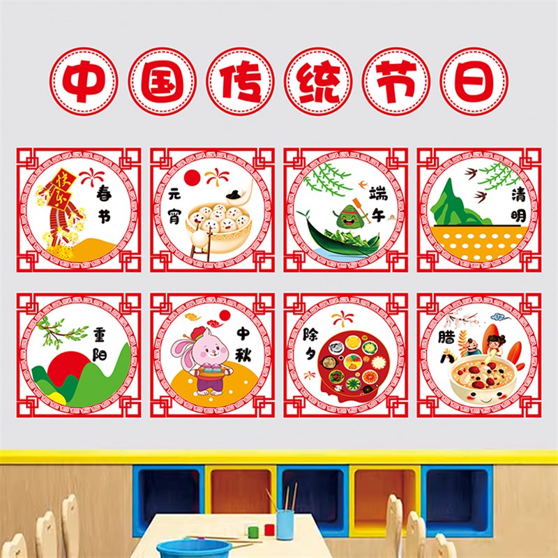 幼儿园传统节日环创中国文化主题墙布置装饰墙贴春节清明端午习俗图片