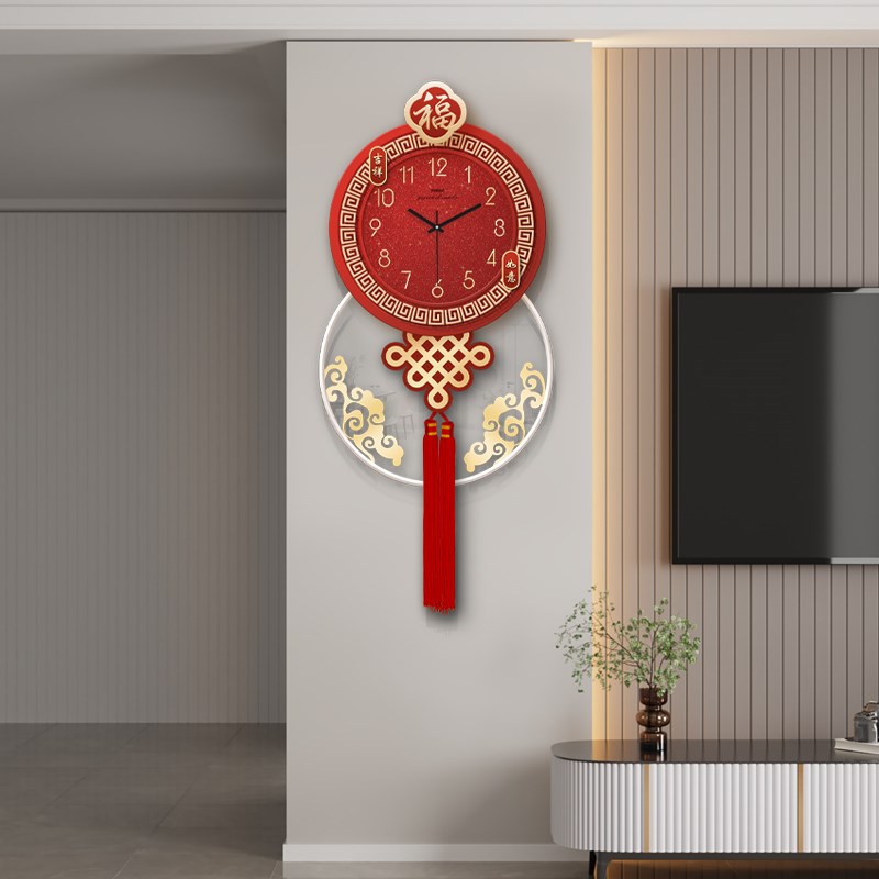 中国结钟表装饰画立体格栅背景墙壁灯挂钟画发光高级感时钟挂画表