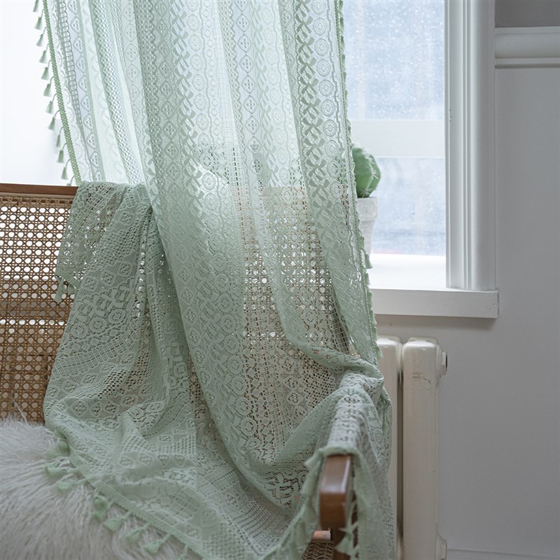 窗帘成品绿色钩针透光美式乡村风客厅阳台卧室飘窗文艺纱缦帘窗纱