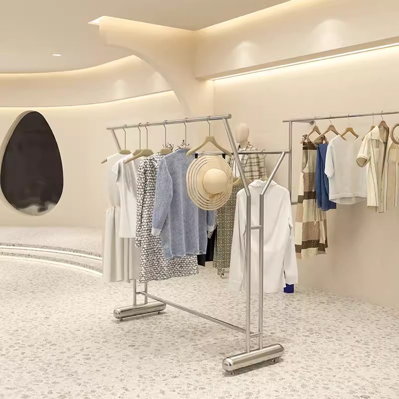 不锈钢服装店展示架落地式中岛架女装店中间高低双排货架挂衣架子