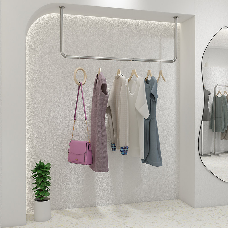 服装店展示架银色吊顶不锈钢悬挂陈列架衣架吊架上墙吊环女装货架