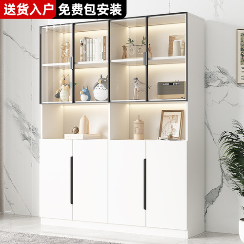 书柜带玻璃门客厅一体靠墙定制轻奢酒柜置物储物柜实木书架展示柜