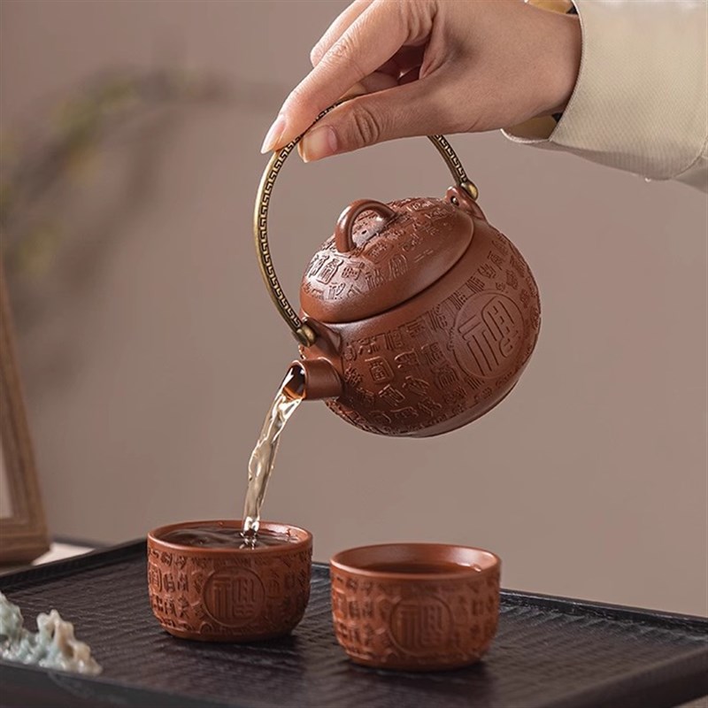 紫砂壶精雕提梁壶功夫茶具套装一壶二杯家用招财大容量百福泡茶壶