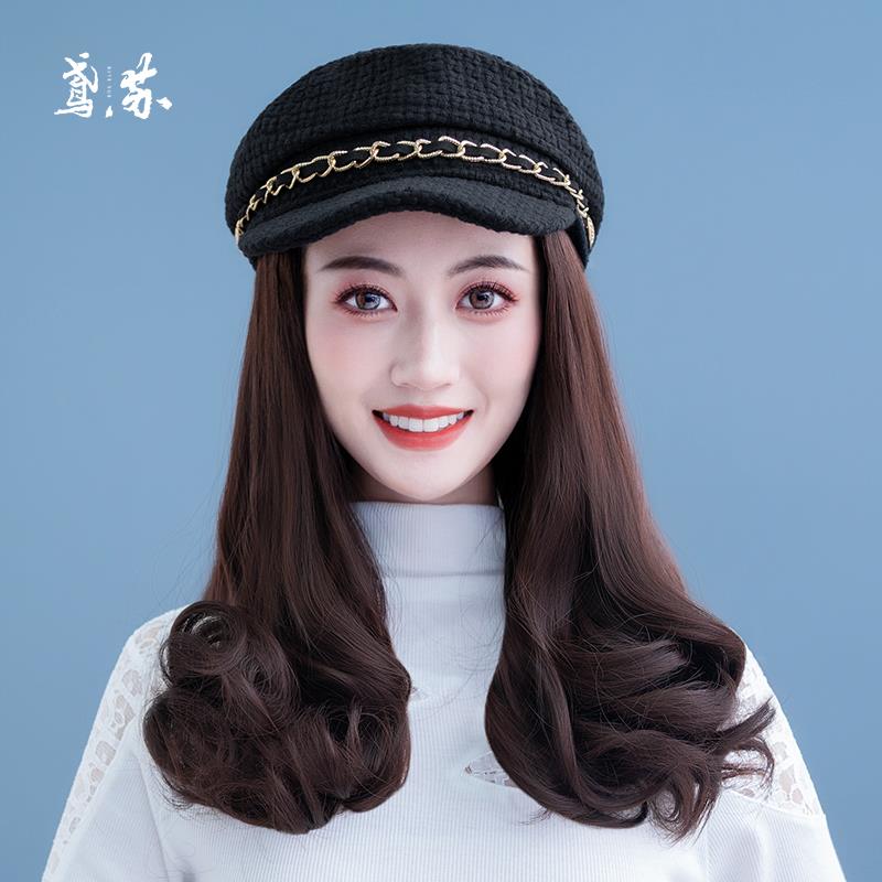 帽子一体假发帽子时尚新款2025网红海军帽中长卷发女秋冬季可拆卸