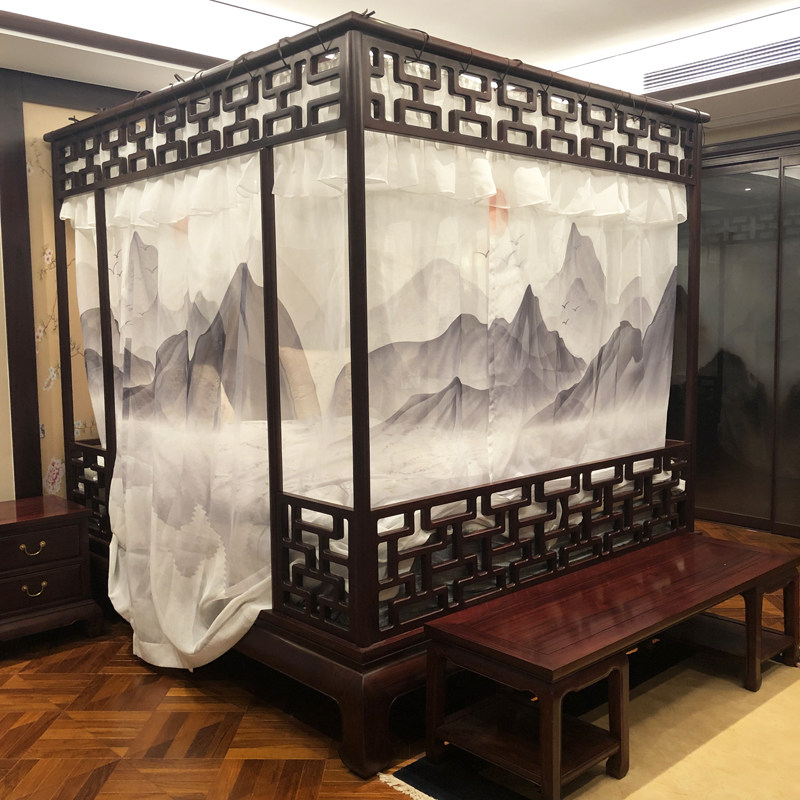 彷明清古典月洞架子床酒店民宿新中式水墨山水防蚊床幔蚊帐手绘纱