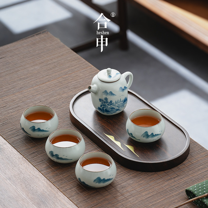 手绘汝窑功夫茶具套装便携式一壶四杯家用陶瓷泡茶壶茶盘高端整套