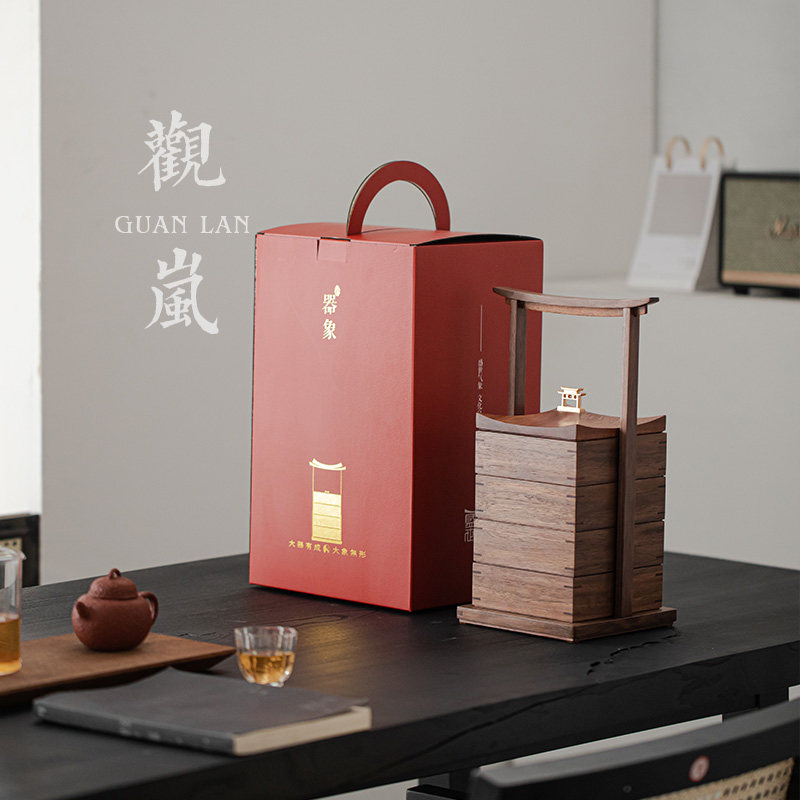 观岚黑胡桃实木手提盒中式食盒茶点提篮复古便携茶盒收纳多层礼盒