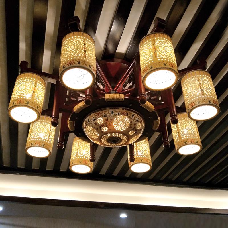 中式实木吊灯客厅景德镇陶瓷吊灯led餐厅茶楼复式楼吊灯吸吊两用