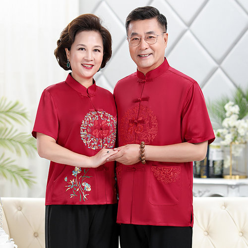 真丝唐装男中老年夏季爷爷奶奶夏爸爸婚礼服饰老人过大寿生日服装