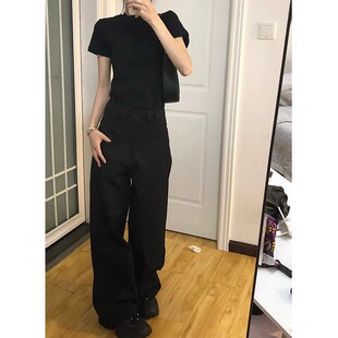 大尺码胖妹妹黑色短袖正肩纯棉t恤女夏季新款修身显瘦辣妹纯色上