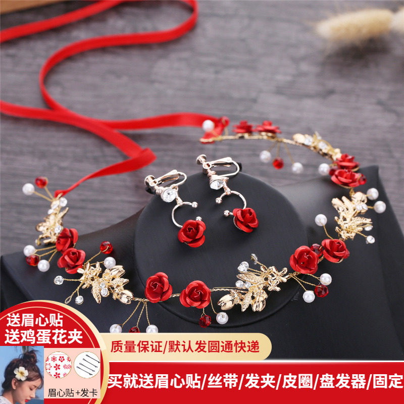 儿童花环头饰公主森系红色超仙生日礼服配饰花童耳环仙美韩版发箍图片
