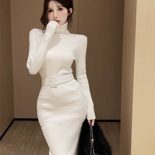 内搭长款针织连衣裙女秋冬修身包臀气质高领百搭简约配大衣打底裙