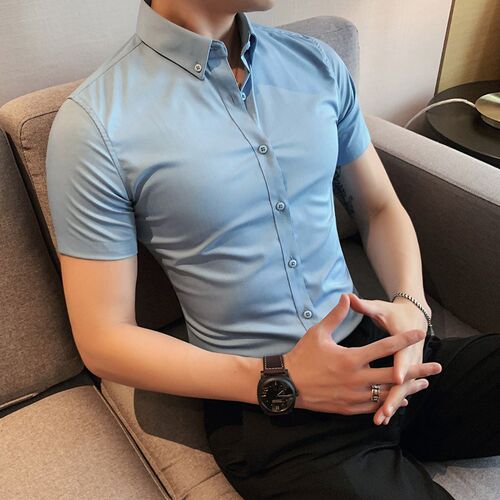 夏季男士衬衫纯色光面冰丝弹力修身衬衣短袖免烫抗皱寸衫半袖薄款