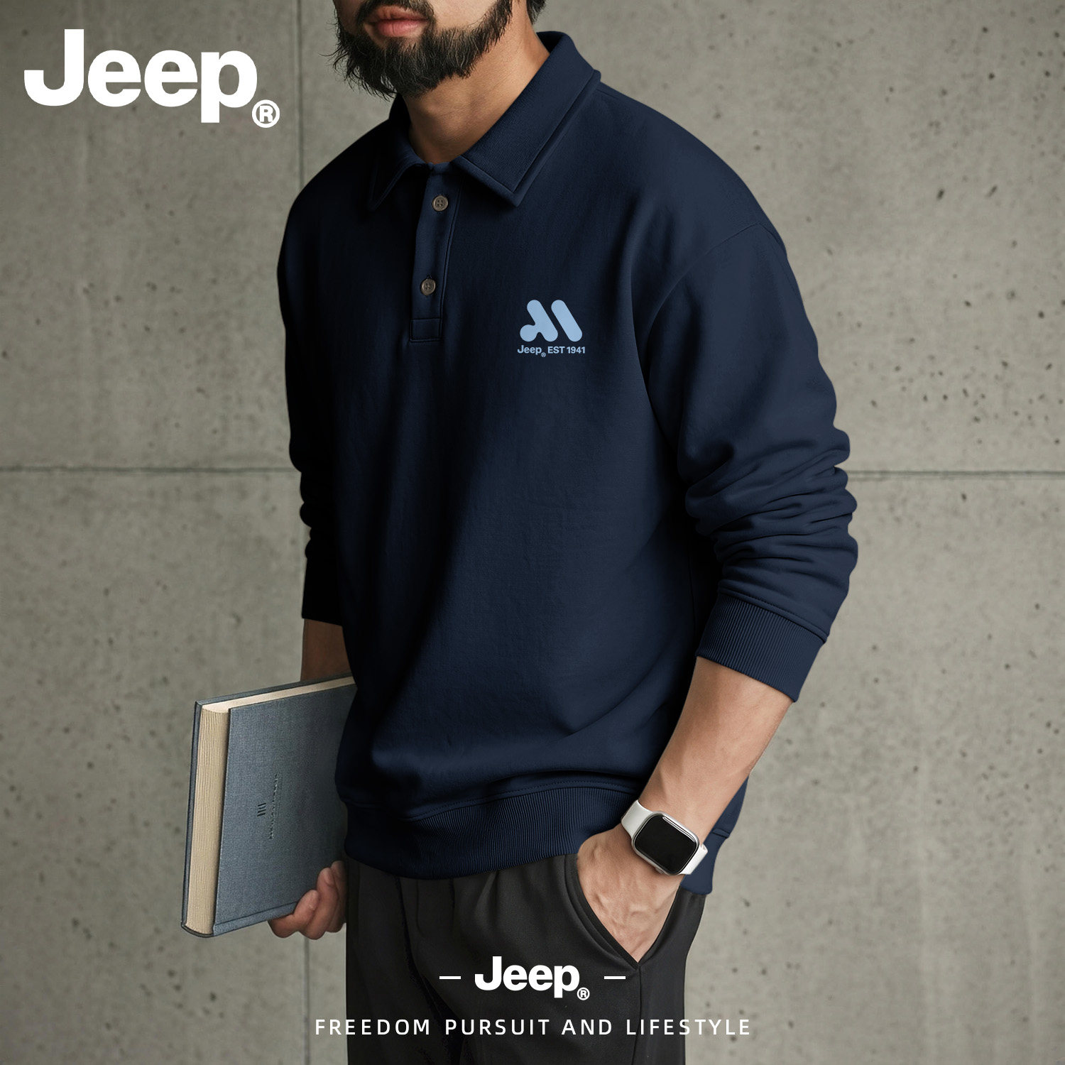 JEEP/吉普美式翻领POLO衫男士秋季长袖卫衣休闲宽松百搭上衣男装