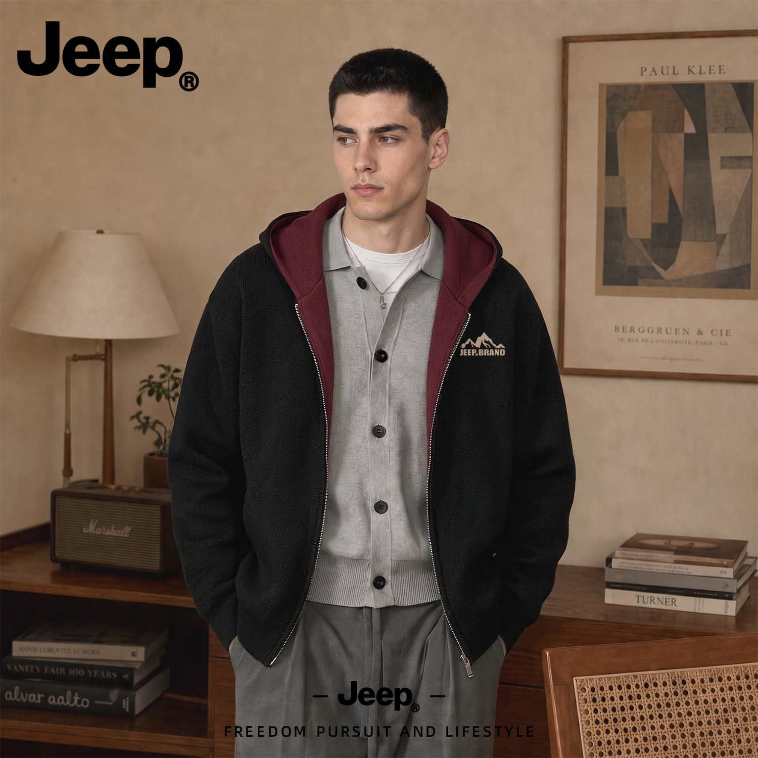 JEEP/吉普美式雪山连帽卫衣开衫男秋季正品潮流撞色复古宽松外套
