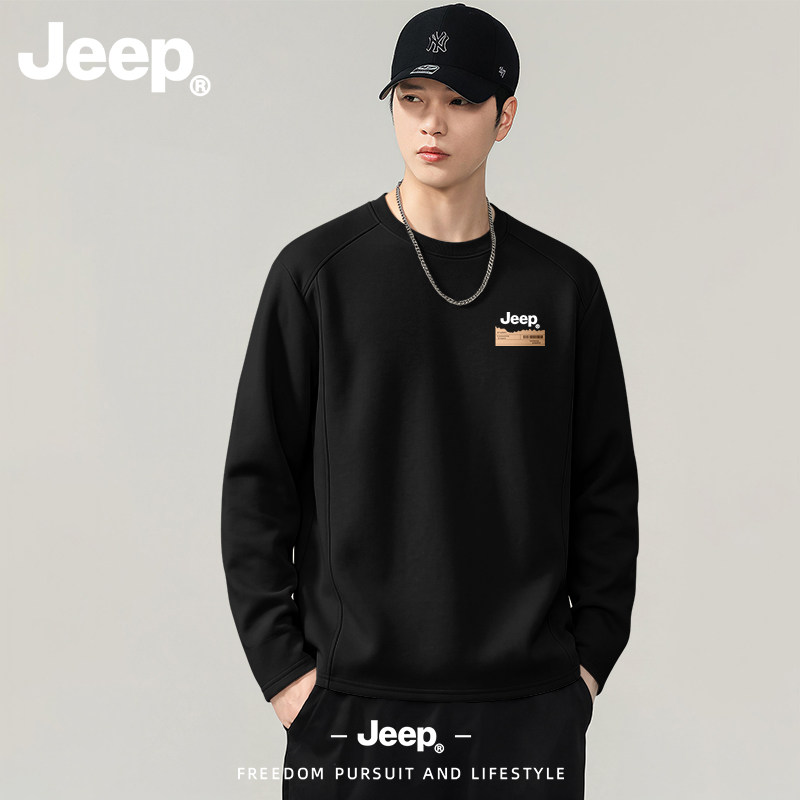 JEEP/吉普美式解构拼接黑色卫衣男秋季圆领简约宽松运动休闲上衣