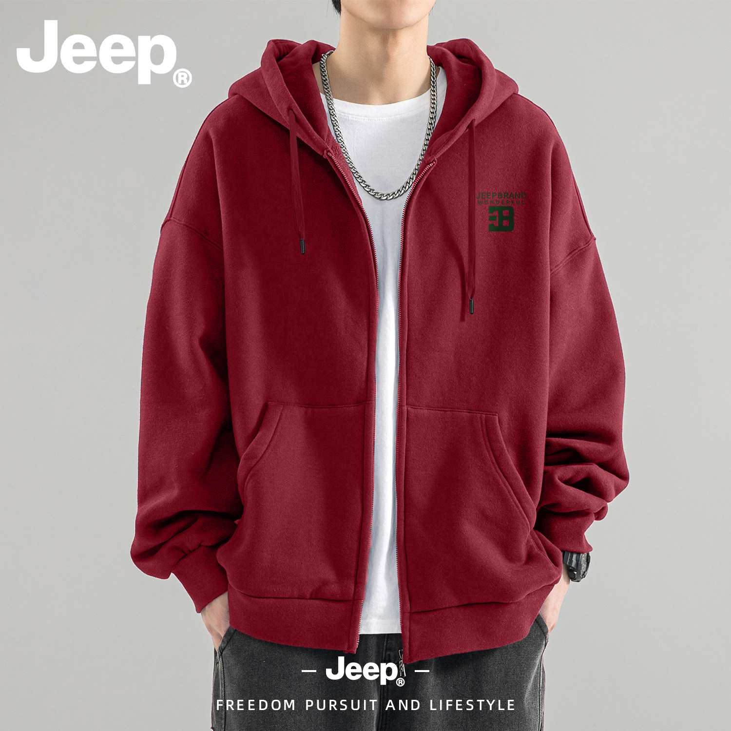 JEEP/吉普红色连帽拉链卫衣开衫男春秋宽松休闲外套男士夹克上衣
