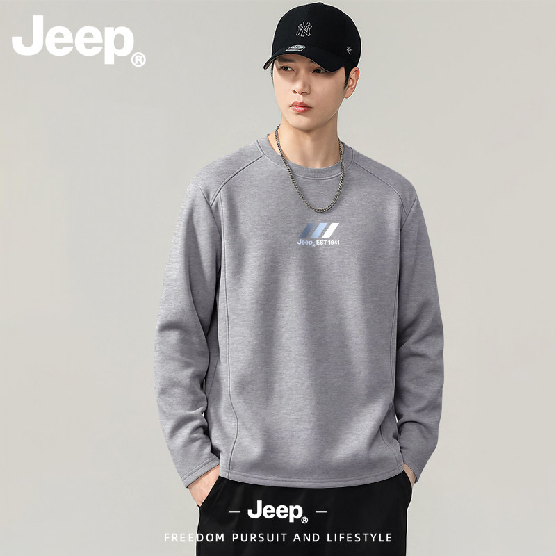 JEEP/吉普美式灰色拼接长袖T恤秋季潮流宽松男士卫衣休闲运动上衣