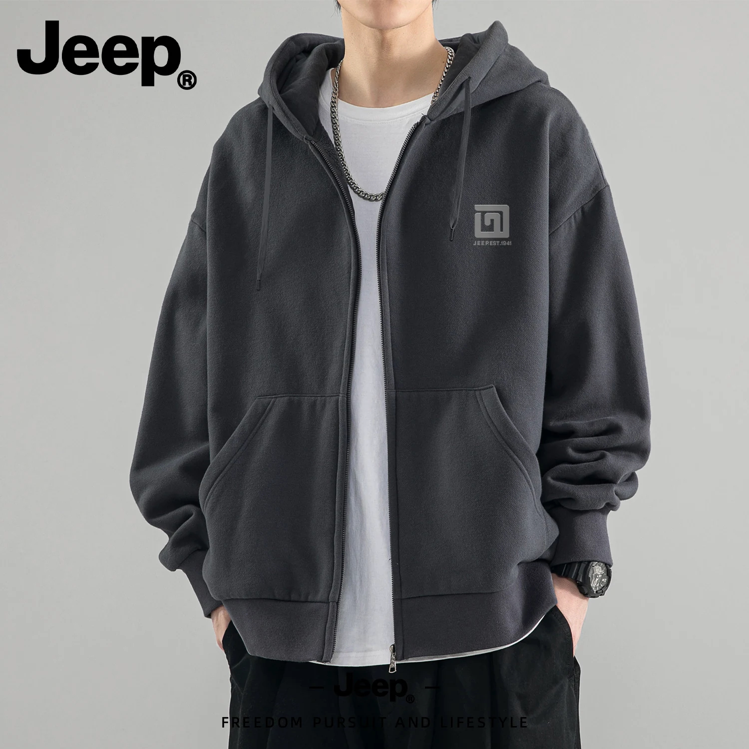 Jeep美式拉链开衫卫衣连帽男女士春秋新款上衣高级青少年宽松外套