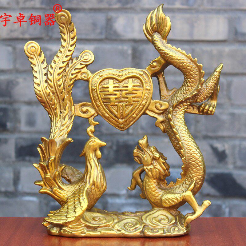 宇卓铜器黄铜龙铜凤 戏珠连身龙凤 桌面工艺品摆饰 纯铜龙凤呈祥