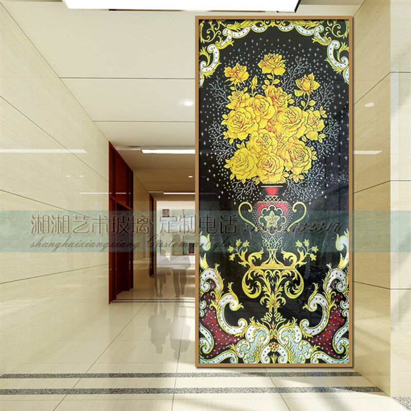 定制入户客厅屏风艺术玻璃油画田园风玄关隔断背景墙欧式玫瑰花瓶