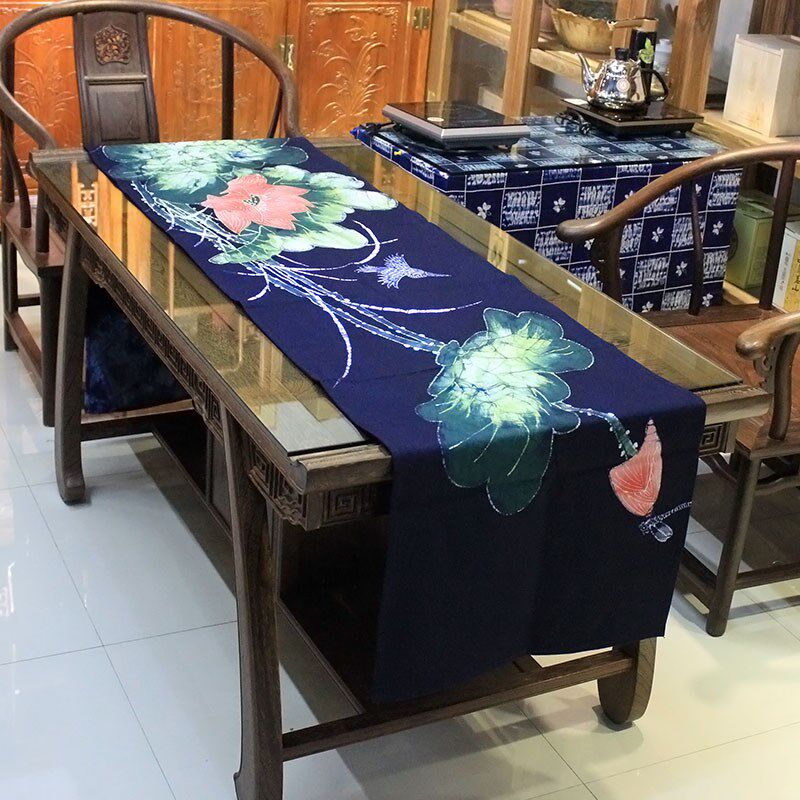 蜡染画禅意桌旗荷花复古茶艺桌巾长条单层棉布餐桌装饰文艺茶几旗