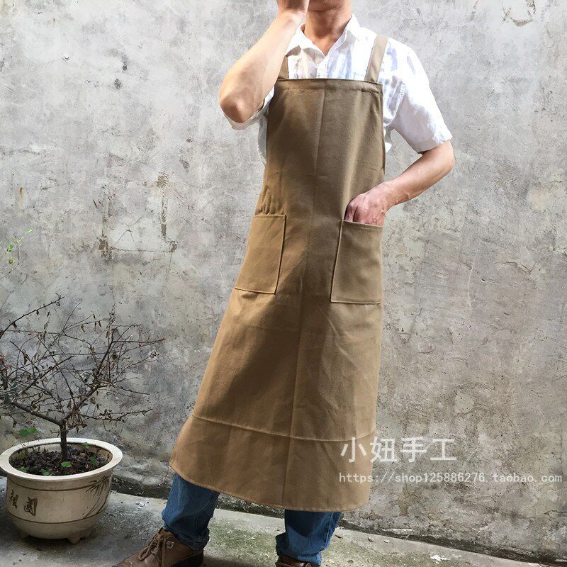 双肩长版帆布围裙纯卡其布色手工工作文艺美术绘画烘焙木匠奶茶店