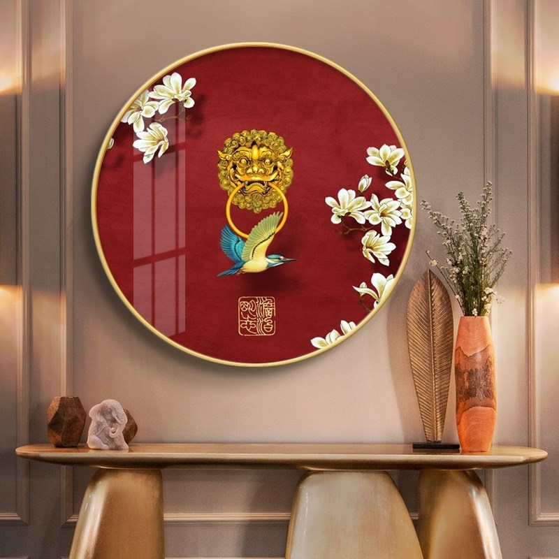 荷花图入门玄关装饰画新中式圆形挂画茶室壁画轻奢晶瓷水墨中国风