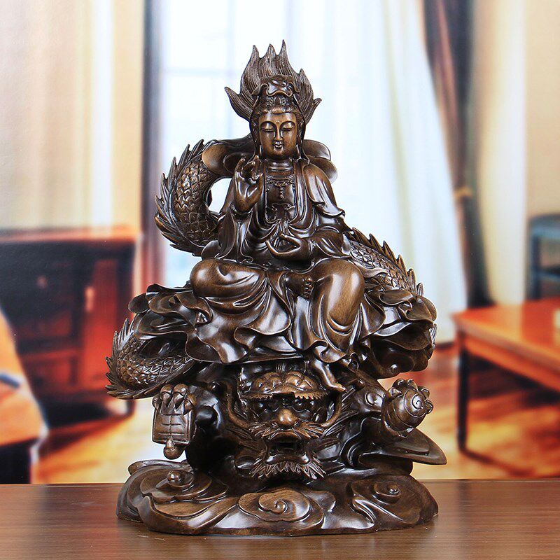 纯手工降龙观音佛像摆设 黄木色观世音菩萨 新中式风格家居装饰