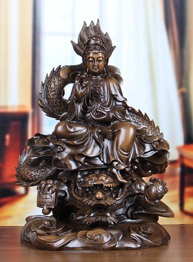 纯手工降龙观音佛像摆设 黄木色观世音菩萨 新中式风格家居装饰