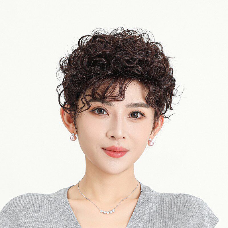 中老年假发时尚盘发真人发丝全头套蓬松复古卷逼真女人自然羊毛卷