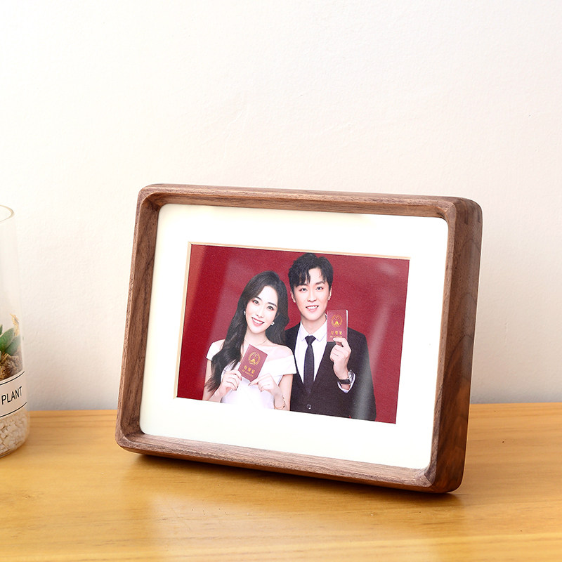 婚纱周年纪念海马体相框结婚登记证件照高级感黑胡桃实木摆台6寸