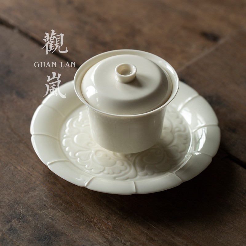 观岚杏白釉壶承浮雕功夫茶具干泡台缠枝莲陶瓷碟子禅意壶托茶承