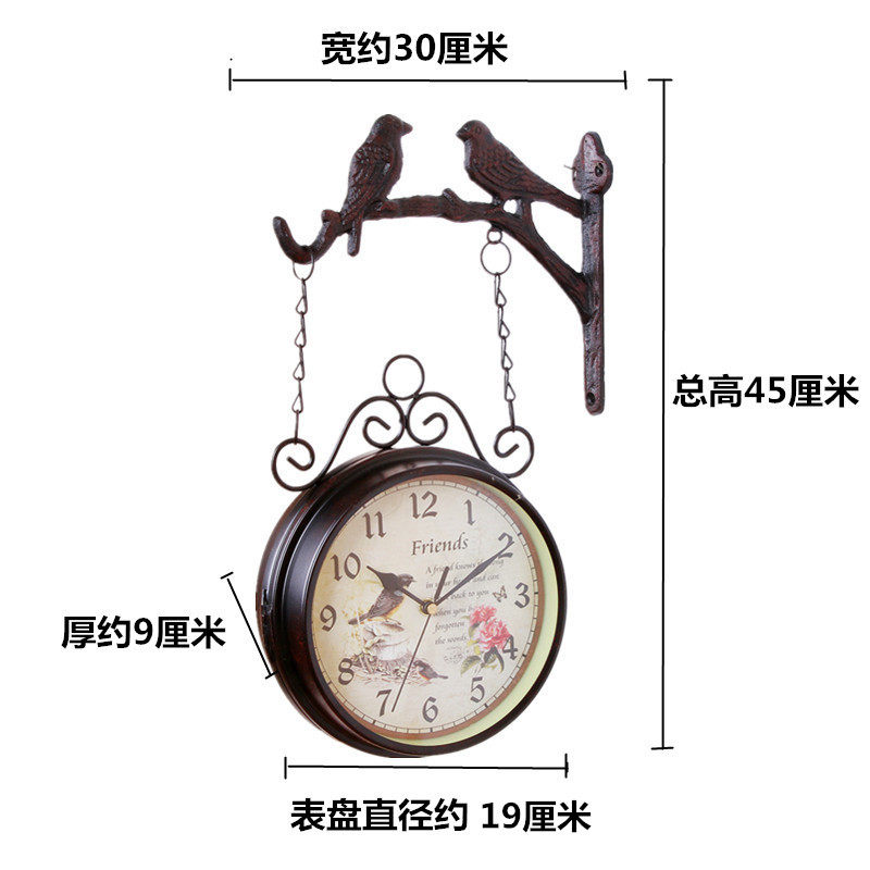 欧式复古铁艺双面挂钟金属壁挂静音钟咖啡厅酒吧客厅墙面装饰钟