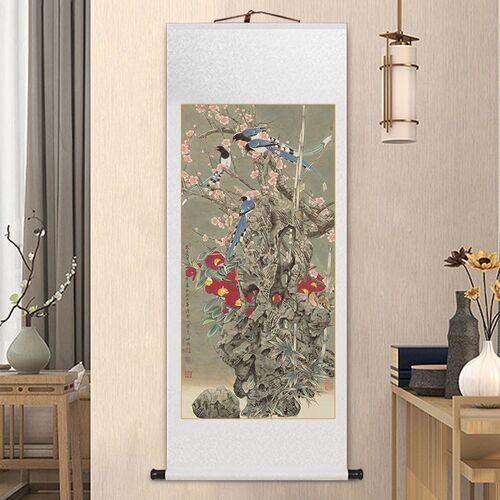古风仙鹤玄关花鸟卷轴挂画中式客厅装饰画书房茶室沙发背景墙壁画