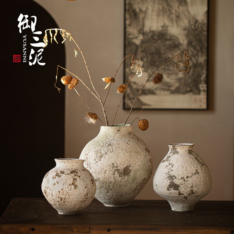 御三泥纯手工复古陶瓷花瓶新中式高级感轻奢家居禅意摆件拾光花器