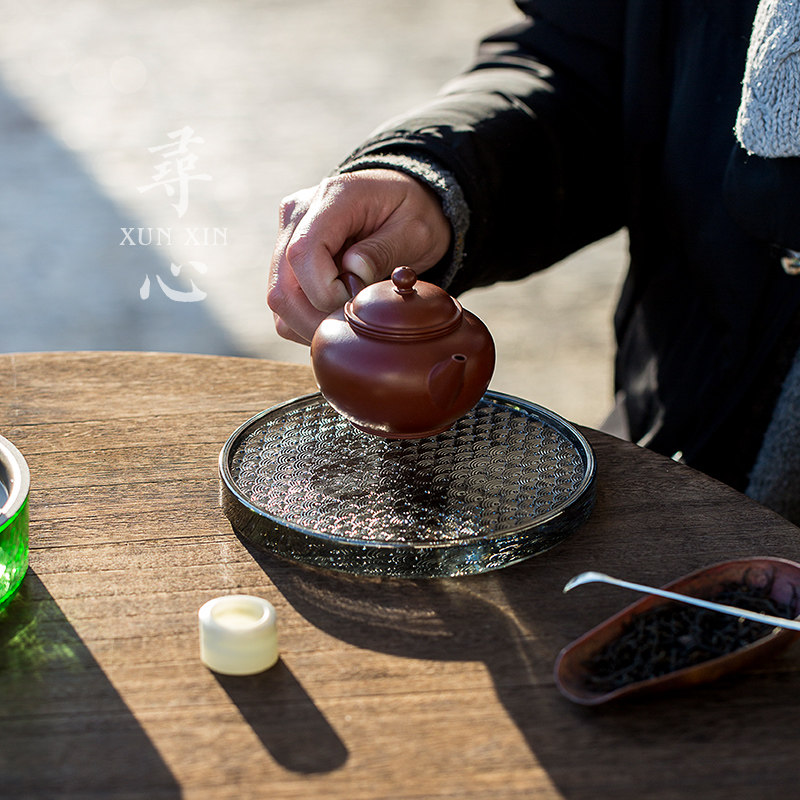 中式玻璃海浪纹干泡盘加厚壶承茶托圆形茶盘杯垫杯托功夫茶具配件