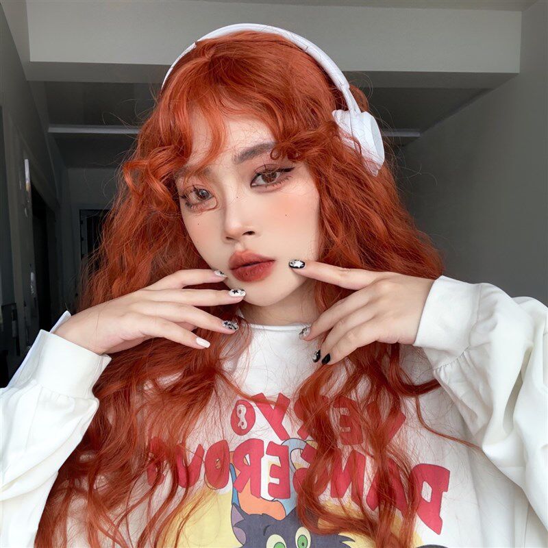 脏橘色假发羊毛卷橘红橘棕长卷发lolita亮橙cos万用全头套女波浪