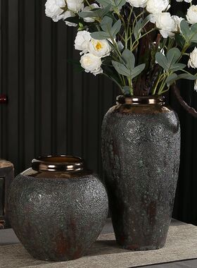景德镇陶瓷器 复古落地花瓶手工仿古粗陶罐花器做旧绿釉花瓶摆件