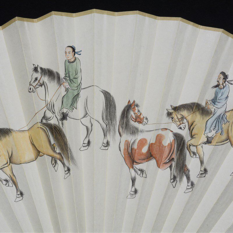 纯手绘扇面95寸18方精品工笔人物画鞍马寻春图苏工扇面古典收藏