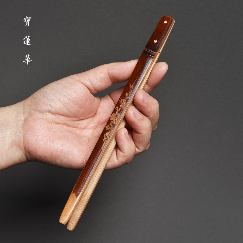 手工双面雕刻老煤竹茶夹 镶铜钉老竹茶杯夹 竹夹茶杯茶渣夹六君子