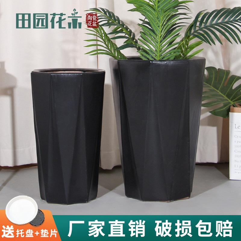 黑色八方陶瓷超大号花盆家用高级感客厅阳台落地高款发财树户外盆