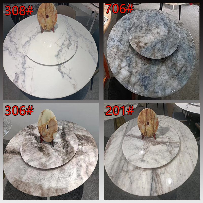 广西白天然大理石餐桌面圆形长方形微超彩晶石台面转盘家用酒饭店