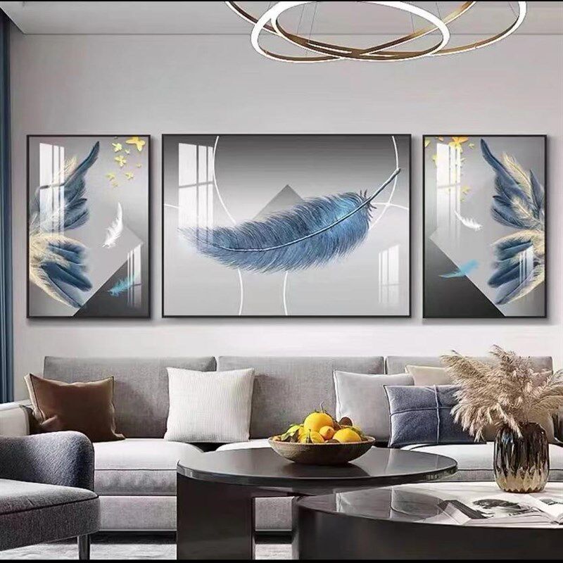 三联画2025新款高级感沙发背景墙羽毛装饰画轻奢风适合客厅大白墙