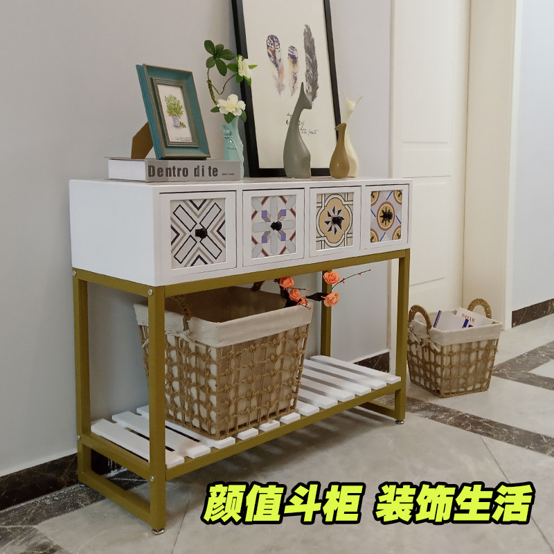 复古铁艺置物架彩绘斗柜客厅玄关柜小户型电视柜卧室收纳阳台柜子