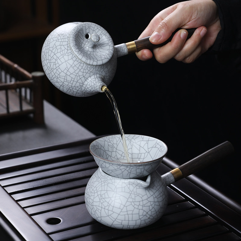 天青汝窑功夫茶具套装开片可养蝉翼泡茶盖碗防烫侧把茶壶茶杯茶道