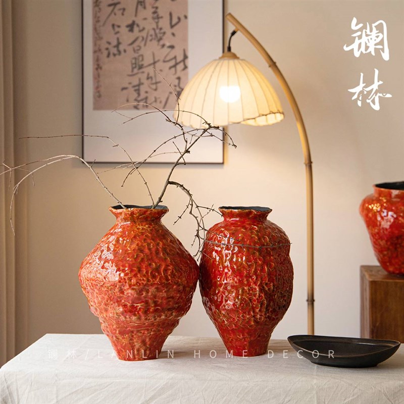 景德镇手工锤纹鲜花水培两用陶瓷侘寂复古台面花瓶禅意粗陶罐朱颜