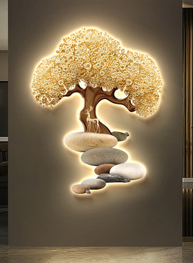 发财树入户玄关装饰画对门过道走廊吉祥鹿led壁灯画发光简约挂画